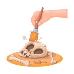 Archaeologist brushing skeleton and bone from desert sand symbol illustration cartoon vector