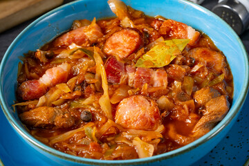 Polish bigos with sausage and mushrooms.