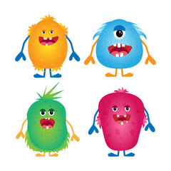 Monsters are funny and cute, Set of vector monsters with different eyes and shaggy teeth. Vector illustration.