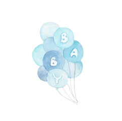 Blue balloons. Watercolor illustration.