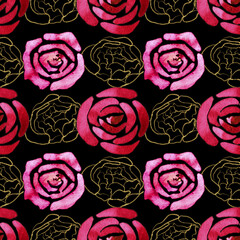 Seamless pattern bright pink rosebuds. Hand drawn watercolor pink and red roses.