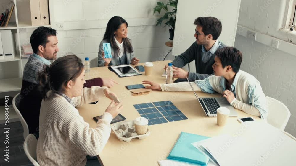 Poster Business, marketing and team in communication with tech model design or prototype in a meeting. Teamwork, collaboration and creative group discuss futuristic technology in planning conversation