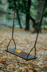 Vertical yellow maple leaf on swing in the park