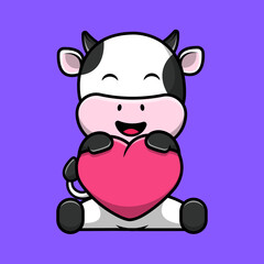 Cute Cow Hugging Heart Cartoon Vector Icons Illustration. Flat Cartoon Concept. Suitable for any creative project.
