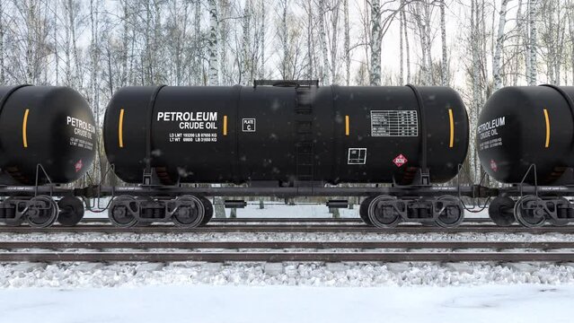 Transportation of the crude oil and diesel fuel to the refinery storage via railroad by freight train with oil tank wagons. Filling the oil storages with gas and fuel oil for winter season, 3d render.