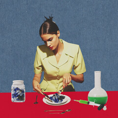 A plate of medical pills on pop art background. A woman cuts the pills with a knife and pricks them...