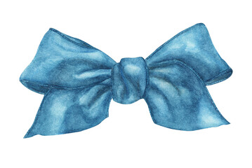Blue gift bow. Watercolor illustration.