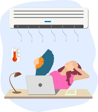 woman suffering from high temperature with air conditioner and fan working in an office