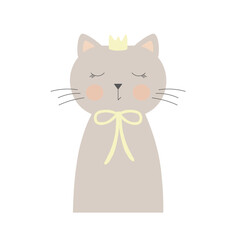 Cute flat cat with small yellow crown and bow