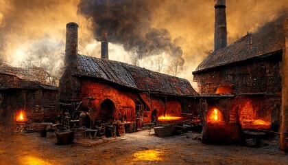 Plakat Fantasy blacksmith shop with smoking furnaces illustration