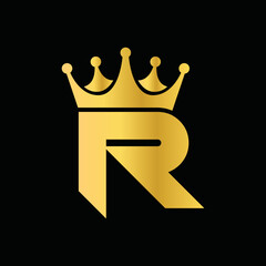 Gold Icon Letter R Logo. Crown of kings and queens with the logo icon letter R Letter R Design Vector Luxury Golden with black background.