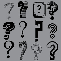 Vector set of abstract artistic calligraphic question marks, collection of black graphic multiple signs. 