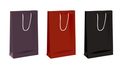 three gift bags for shops, sales on a white background