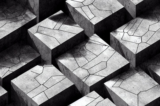 Seamless geometric pattern of concrete blocks. Futuristic, sci-fi, game prop. 3d illustration.
