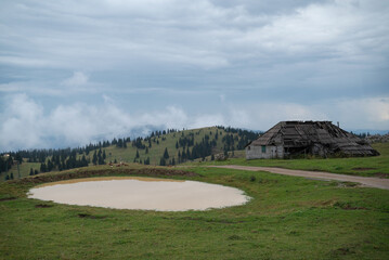 Fototapeta na wymiar A puddle of muddy water in Velika Planina, a dispersed high-elevation settlement of mostly herders' dwellings on the karst Big Pasture Plateau in the Kamnik Alps in Upper Carniola region of Slovenia 