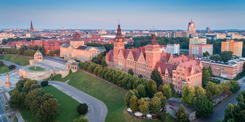 Zachodniopomorski Urząd Wojewódzki w Szczecinie aerial panorama at sunrise. - obrazy, fototapety, plakaty