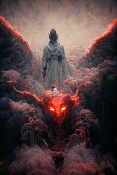 Frightening Hell With Devil And Demons With Clouds And Smoke, With Concept Art. After Death Illustration, Vibrant Color.