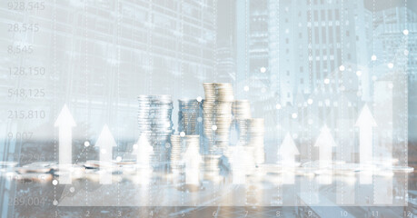 Banking Finance Investment Business Concept. Double exposure image of bank or coin money and graph chart with city background. Account management diagram with market growth statistics. economy datum.