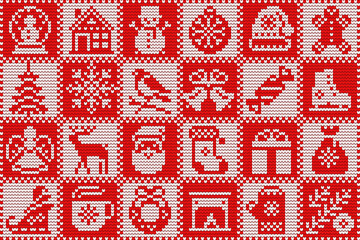 Christmas seamless checkered knit pattern with holiday symbols in white and red patches. Wool knitting sweater design.