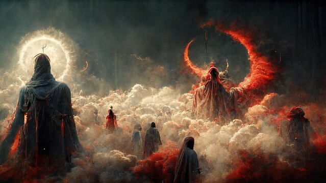 Aggressive Hell With Devil And Demons With Clouds And Smoke, With Concept Art. After Death Illustration, Harmonious Color.