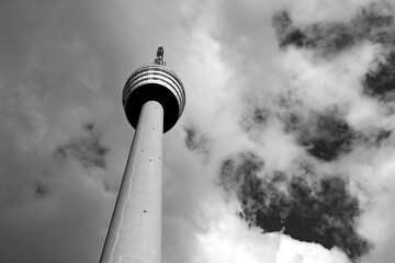 TV Tower of Stuttgart in Southern Germany. Frog perspective black and white. Concrete construction...