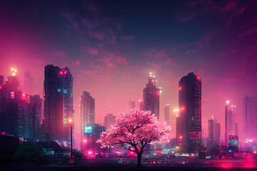 Fototapeta premium Fantasy Japanese night view city citycape, neon light, residential skyscraper buildings, pink cherry sakura tree. Night urban anime fantasy.
