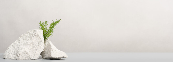 eco natural banner with stones and grass for website design. copy space. cosmetic or householding...