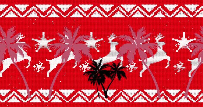 Animation of palm trees over christms reindeer banner
