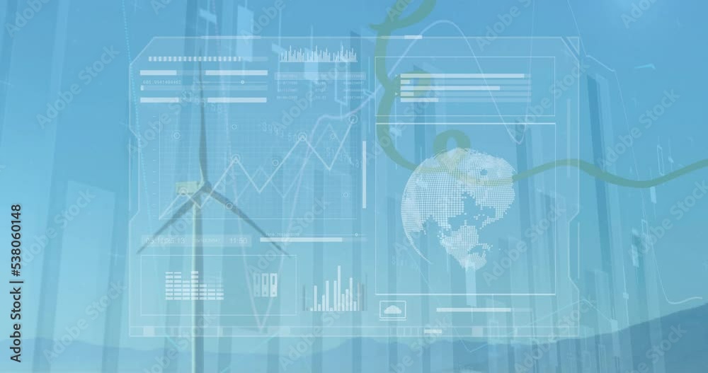 Poster animation of data processing with globe and statistics over wind turbines