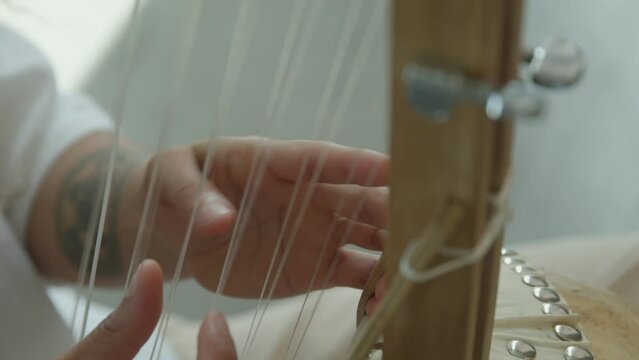 African Female playing Kora strings percussion African harp in a warm daylight ambient, ultra close-ups shot