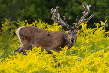 Red deer stag with velvet antlers in the green bracken.