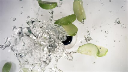 Super Slow Motion of Explosion Green Apple and Burst Water and Slices - Powered by Adobe