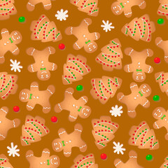 Seamless pattern with ginger cookies on a brown background. Gingerbread man, Christmas tree, snowflake