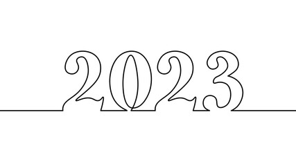 2023 New Year single continuous line art. Holiday greeting card headline decoration. Date numbers concept design. One sketch outline drawing white vector illustration - obrazy, fototapety, plakaty