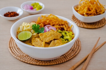 Thai curried noodle soup with pork (Khao Soi Moo), Northern thai food style