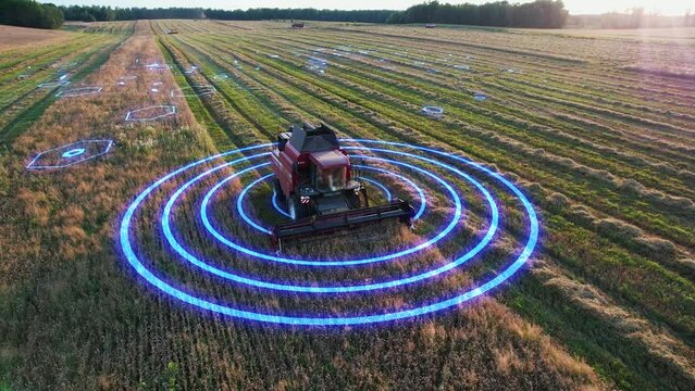 Agricultural autonomous combine harvester, moving across the field, controlled by artificial intelligence, scans the environment. Concept of smart self-driving transport, agriculture of the future.
