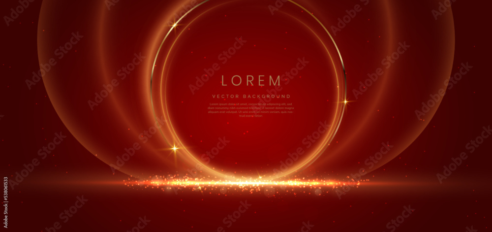Wall mural gold circle frame luxury on red elegant background with lighting effect and sparkle with copy space 