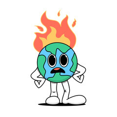 Cartoon planet earth stands in a displeased pose. Lit. The concept of the problem of global warming, care for the ecology. Doodle style. Stock vector illustration of planet Earth. Isolated background.