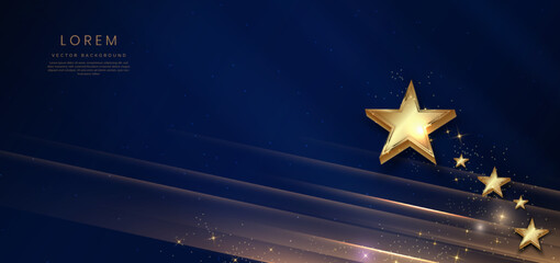 Abstract luxury golden stars on dark blue background with lighting effect and spakle.