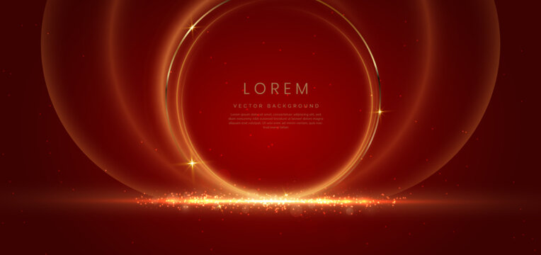 Gold Circle Frame Luxury On Red Elegant Background With Lighting Effect And Sparkle With Copy Space For Text.