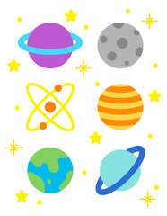 Cute concept space galaxy planet illustration icon set. Stars, Moon, Earth, Jupiter, Venus, Saturn, Mars.