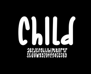 Hand drawn playful font, alphabet in the cartoon style, rounded ultra thick letters and numbers in doodle style.