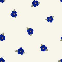 Naive floral seamless pattern with simple blue flowers on lwhite background. Minimalistic floral design for wallpaper,design paper or bedding.
