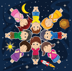 child is sleeping happily among the stars cartoon vector illustration