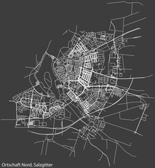 Detailed negative navigation white lines urban street roads map of the ORTSCHAFT NORD DISTRICT of the German regional capital city of Salzgitter, Germany on dark gray background