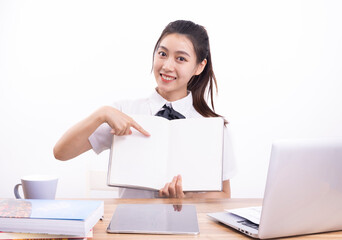 Asian female students taking an online class against a white background