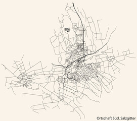 Detailed navigation black lines urban street roads map of the ORTSCHAFT SÜD DISTRICT of the German regional capital city of Salzgitter, Germany on vintage beige background