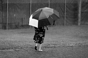 une femme avec un parapluie durant une averse	
