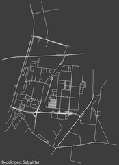 Detailed negative navigation white lines urban street roads map of the BEDDINGEN QUARTER of the German regional capital city of Salzgitter, Germany on dark gray background