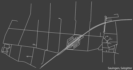 Detailed negative navigation white lines urban street roads map of the SAUINGEN QUARTER of the German regional capital city of Salzgitter, Germany on dark gray background